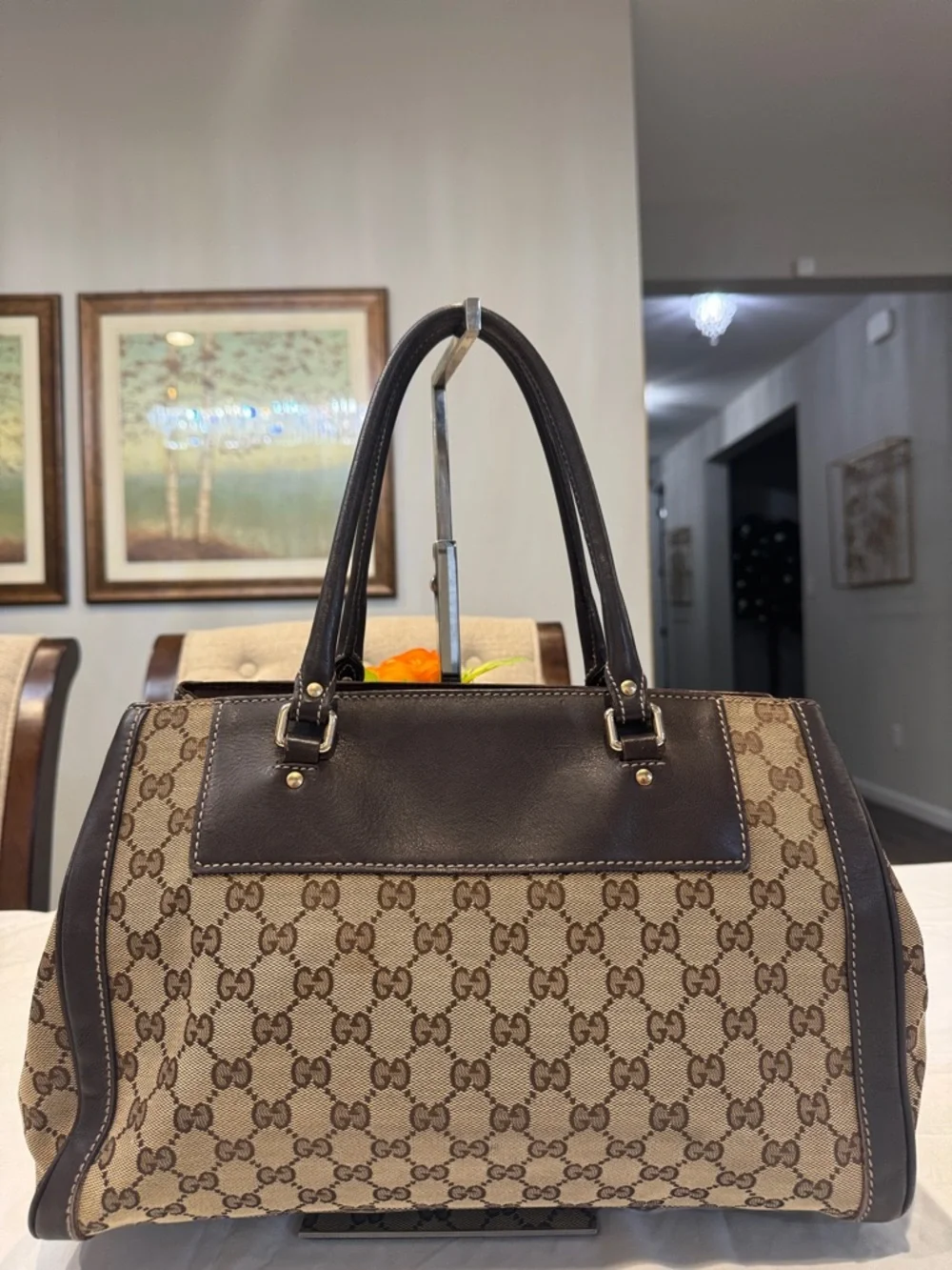 Authentic Gucci Brown GG Supreme Canvas Satchel with Dark Brown Leather Trim - Picture 2 of 14